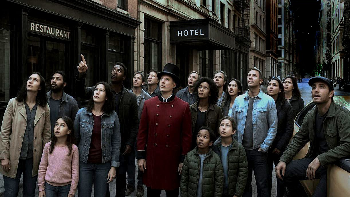 startled crowd staring at the moon