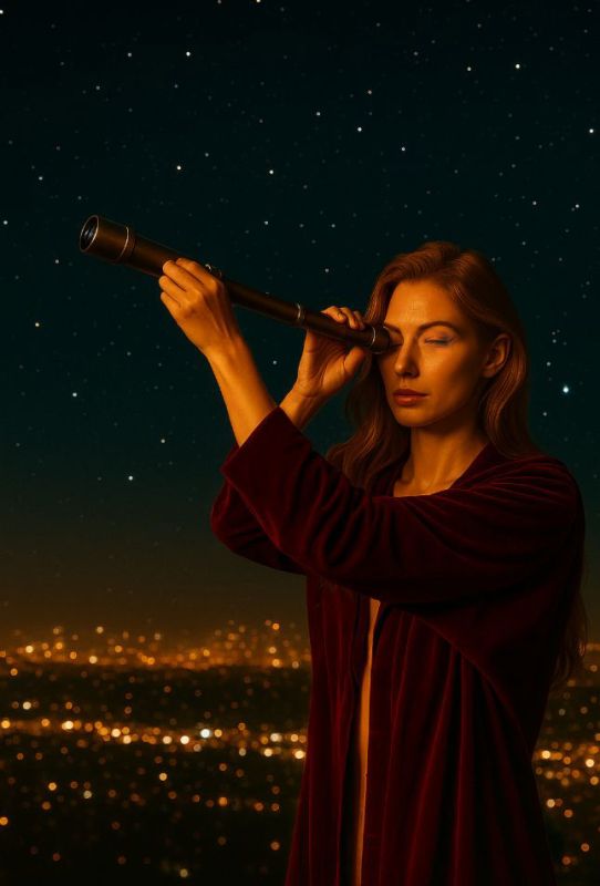 a woman peering along a scope