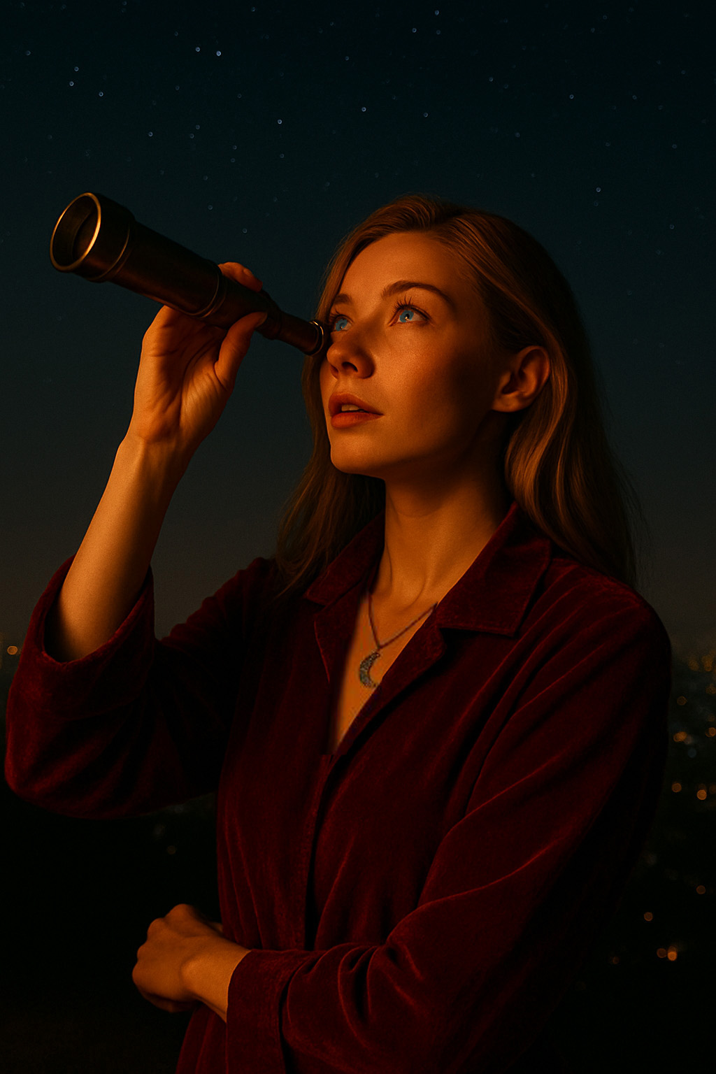 woman peering through a telescope