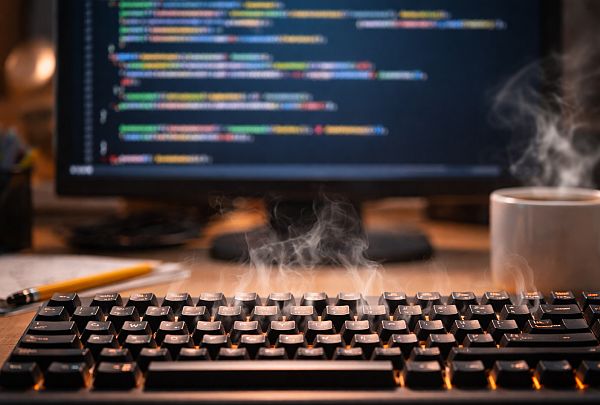 Steaming PC-Keyboard and coffee mug